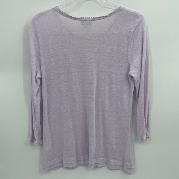 J. JILL Womens Love Linen Shirt Size M Lavender Textured Knit 3/4 Sleeve Pom Pom - Picture 4 of 6
